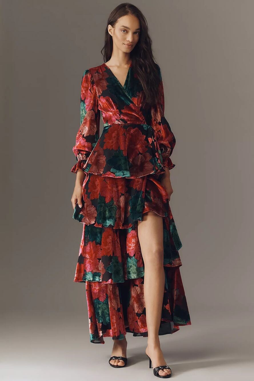 nwt ANTHROPOLOGIE HUTCH sz S Wrap Ruffle Velvet maxi dress